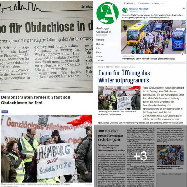 Zahlreiche Medien - darunter Focus, Mopo, Abendblatt, WELT, Hinz & Kunzt, NDR, Hamburg 1, Sat1, RTL, FSK, Neues Deutschland, Junge Welt - selbst die Berliner Zeitung hatte über die Demo berichtet und das ausnahmslos POSITIV!!! https://www.youtube.com/watch?v=y4lDAEpOHwE&list=UUWbqAhkZlc-5P2_rEJtcXkg