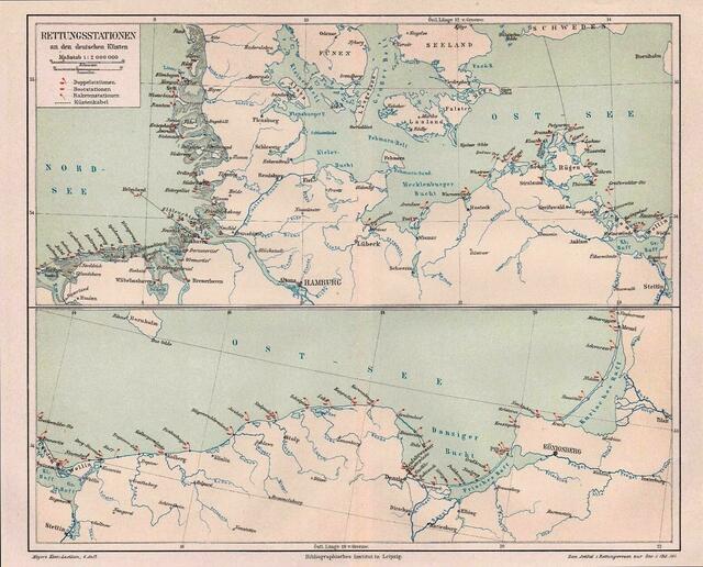 Rettungsstationen an den deutschen Küsten im Maßstab 1 : 2.000.000 Seemeilen, 1890: Doppelstationen, Bootstationen, Raketenstationen. Meyers Konversations-Lexikon, Zweites Jahres-Supplement, 1892. Repro: Matthias Blazek