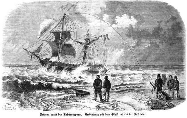 Rettung durch den Raketenapparat – Verbindung mit dem Schiff mittels der Raketleine. Aus: Rettungsstationen an deutschen Küsten, Die Gartenlaube, 1861. Repro: Matthias Blazek