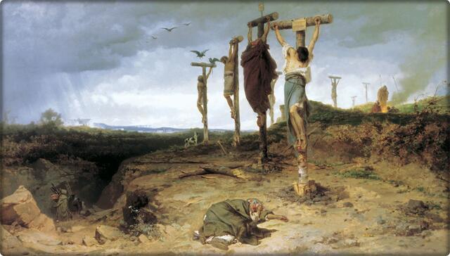 Das verdammte Feld (Öl auf Leinwand) aus dem Jahre 1878 von Fyodor Bronnikov (1827-1902). Dieses in der Moskauer Gemäldegalerie Tretjakow befindliche Kunstwerk zeigt einen typischen Exucutionsort im antiken Römischen Reich. So könnte es auf Golgatha auch ausgesehen haben. Dargestellt sind hier gekreuzigte Sklaven. | Foto: wikipedia, gemeinfrei
