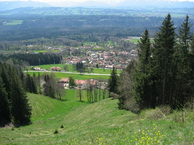 Ein letzter Blick hinunter zur Bergstraße und zum Ort in dem ich aufgewachsen bin. Wer genau hinsieht, kann dahinter im Waldgebiet eine feine Linie erkennen: Den Verlauf der "Ammer".