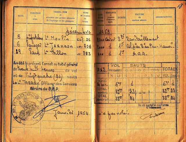 Mein Carnet des services aériens mit dem Eintrag vom 5. und 6. Dezember 1953. Ich bin als Dispatcher des Stabsbataillons des 1. BEP mitgeflogen.
