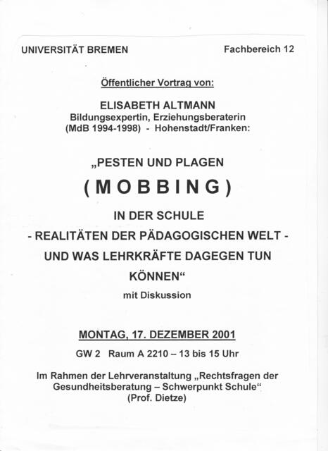 Elisabeth Altmann: "PESTEN UND PLAGEN (MOBBING)..." | Foto: Universität Bremen