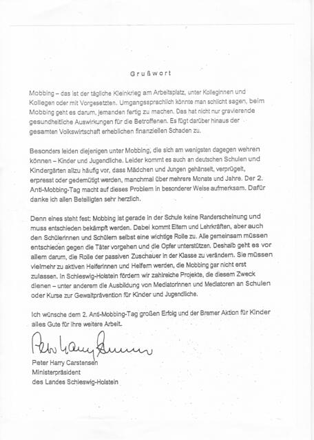 BAKI (Bremer Aktion für Kinder) zum "Europäischen Jahr der Demokratieerziehung" und zur Weltdekade "Bildung für nachhaltige Entwicklung", Seite 4: Grußwort zum 2. Anti-Mobbing-Tag in Bremen von Ministerpräsident Peter Harry Carstensen | Foto: Peter Harry Carstensen, Ministerpräsident des Landes Schleswig-Holstein
