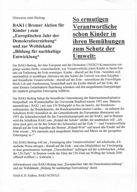 BAKI (Bremer Aktion für Kinder) zum "Europäischen Jahr der Demokratieerziehung" und zur Weltdekade "Bildung fürnachhaltige Entwicklung", Seite 1