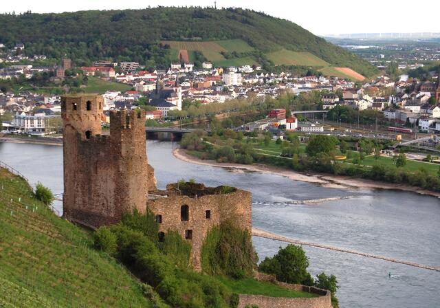 In Bingen mündet die Nahe in den Rhein. Rechts von der Burg Ehrenfels ist die Stelle erkennbar.