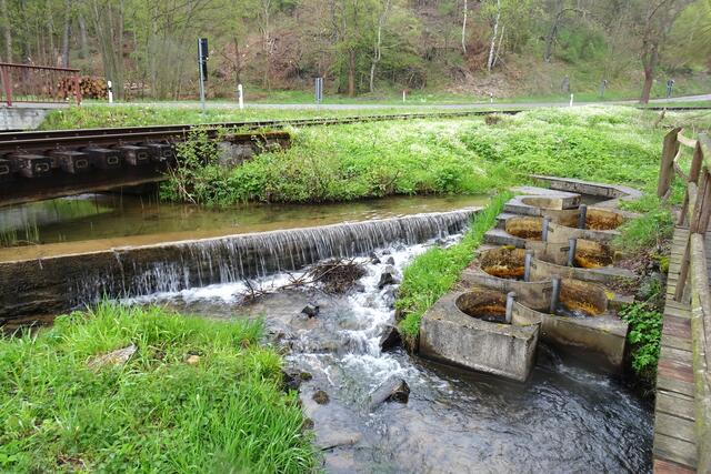 oben die L 234 , darunter die Gleisanlagen der Selketalbahn, der Uhlenbach mit Wehr und Fischtreppe, ganz rechts die Brücke des Selketalstieges