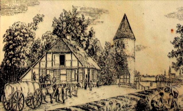 Der Durchlass war mit einem Schlagbaum versehen, Wegezoll musste entrichtet werden. (Bild aus einem Schaukasten am Inselgraben.)