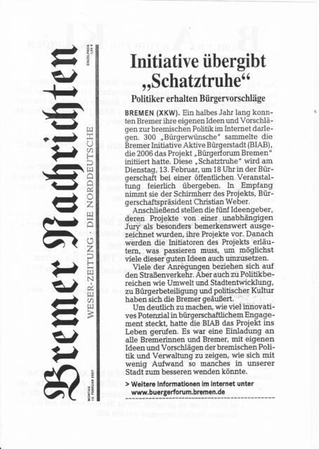 Bremer Nachrichten am 12. Februar 2007 | Foto: Bremer Nachrichten