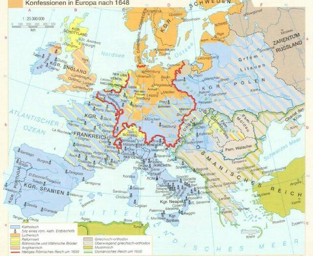 Aufteilung der Konfessionen nach dem 30jährigen Krieg | Foto: https://www.militaer-wissen.de/dreissigjaehriger-krieg-30-jaehriger-krieg