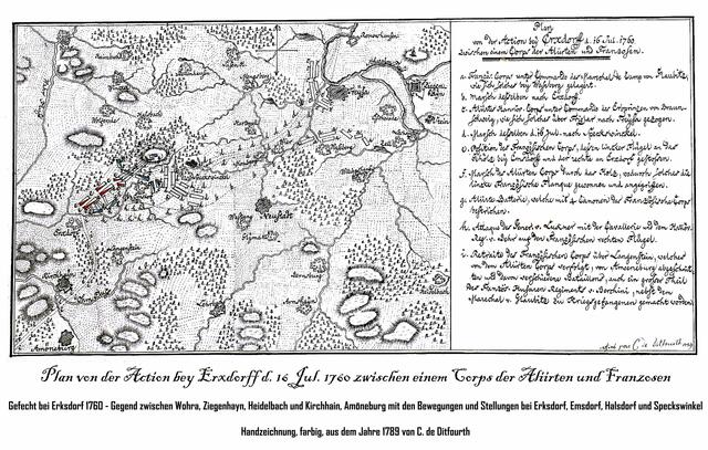 Gefecht bei Erksdorf 1760. Gegend zwischen Wohra, Ziegenhayn, Heidelbach und Kirchhain, Amöneburg mit den Bewegungen und Stellungen bei Erksdorf, Emsdorf, Halsdorf und Speckswinkel.