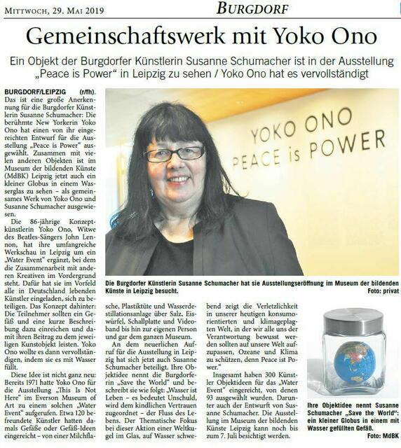 Presseartikel Marktspiegel (Franka Haak) Titel: Gemeinschaftswerk mit Yoko Ono. Ein Objekt der Burgdorfer Künstlerin Susanne Schumacher ist in der Ausstellung Peace is Power in Leipzig zu sehen / Yoko Ono hat es vervollständigt.