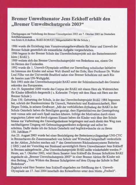 Erich K.H. Kalkus, Bremer Umweltsenator Jens Eckhoff erhält den "Bremer Umweltschutzpreis 2003" aus UNSERE SCHULE, Ausgabe 8 zum 1. Januar 2004, Seite 18