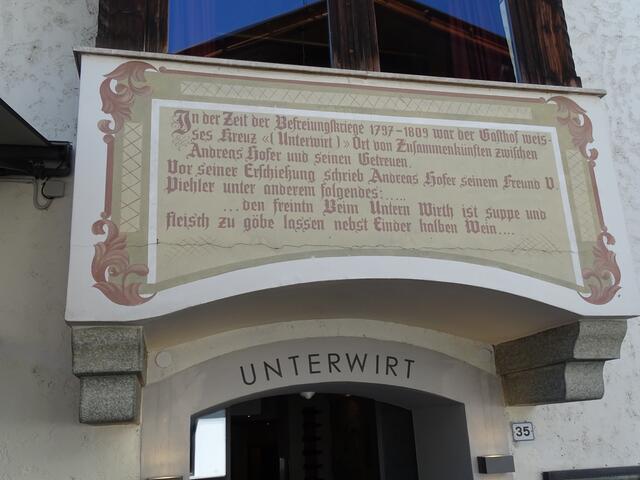 Erinnerungstafel an Andreas Hofer beim Unterwirt