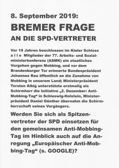 Bremen, 8. September 2019: BREMER FRAGE AN DIE SPD-VERTRETER