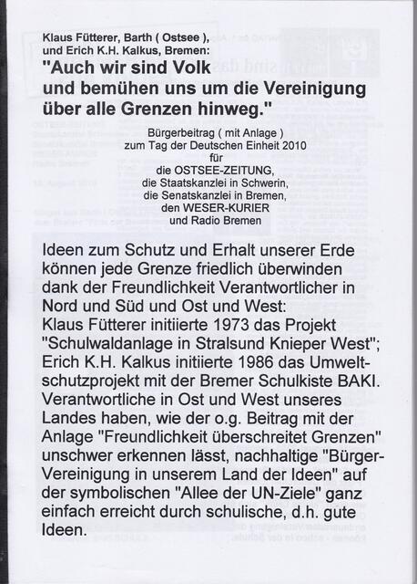 Klaus Fütterer, Barth (Ostsee) und Erich K.H. Kalkus, Bremen: "Auch wir sind Volk und bemühen uns um die Vereinigung über alle Grenzen hinweg.", Seite 1