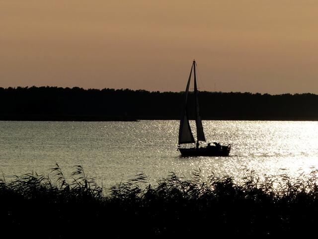Ein schöner Eindruck im Vorbeifahren. Ein Segler im Sonnenuntergang.