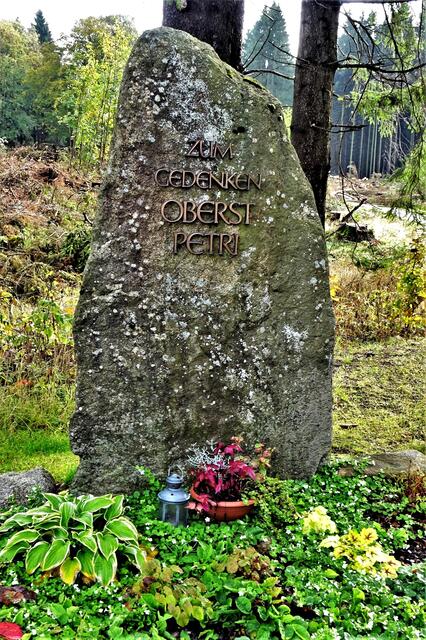 dieser Gedenkstein erinnert an den Oberst Gustav Petri. Er widersetzte sich den Befehl  die Stadt Wernigerode zu verteidigen, sie wurde kampflos übergeben. Daraufhin wurde er am 12 .April 1945 standrechtlich erschossen