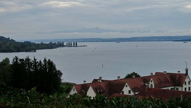 Im Hintergrund schauen aus den Wolken die Schweizer Berge hervor.