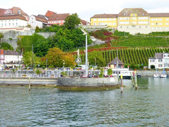 Es geht nun mit dem Schiff nach Mainau. Ganz links das Schloss und oberhalb der Weinberge das Staatsweingut