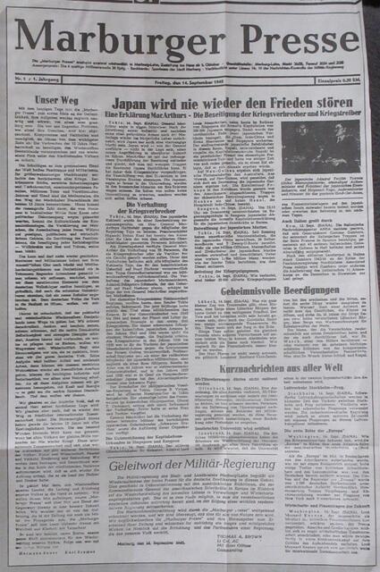 Nr. 1 - 1. Jahrgang der Marburger Presse vom 14. September 1945 (Quelle: Oberhessische Presse vom 14. September 1995)