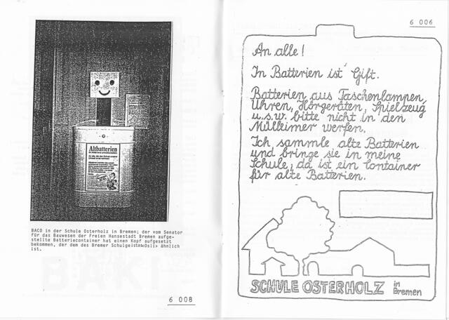 BACO (Batteriesammelcontainer) in und Flugblatt aus der Schule Osterholz in Bremen, 1986