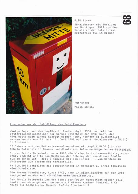 Schaltkasten mit "BACO" am 28. August 1999 und Ansprache vor der Enthüllung des Schaltkastens vor der Schule Osterholz in Bremen