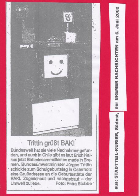 aus: STADTTEIL-KURIER, Südost, der BREMER NACHRICHTEN am 6. Juni 2002: "Trittin grüßt BAKI" | Foto: Petra Stubbe