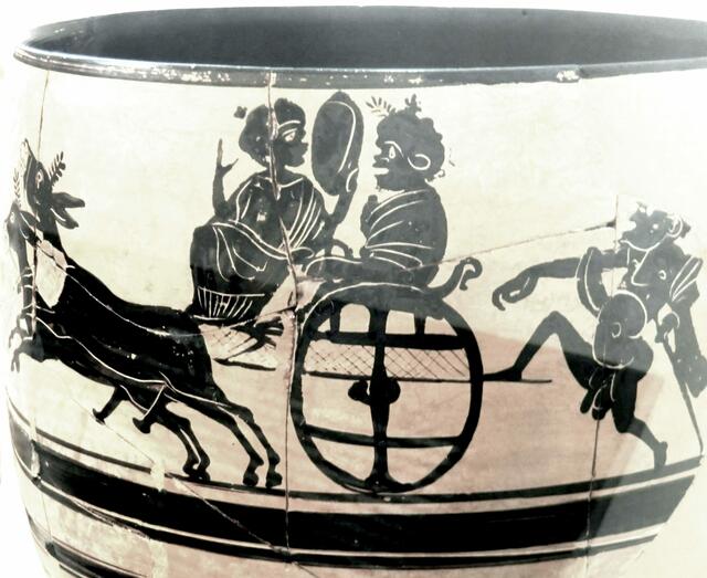 groteskes Maskenspiel auf einer böotischen Vasenmalerei 3. Jhdt.