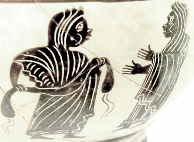 groteskes Maskenspiel auf einer böotischen Vasenmalerei 3. Jhdt.