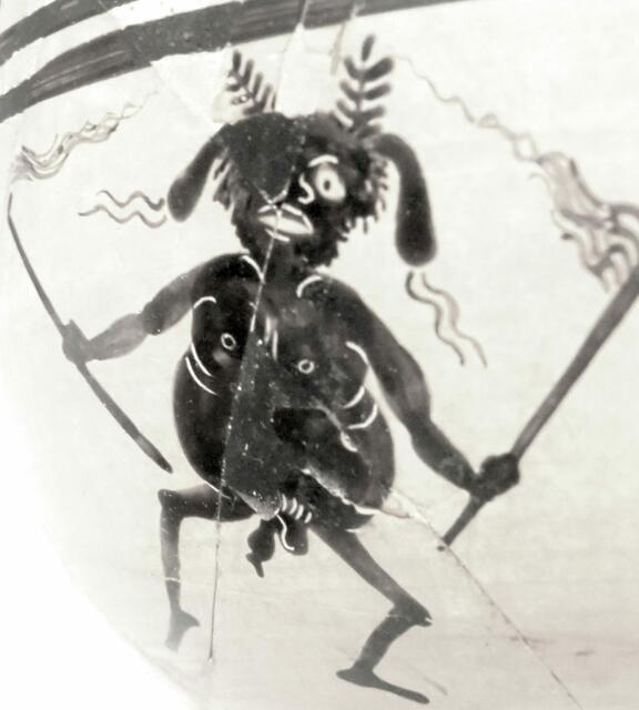 groteskes Maskenspiel auf einer böotischen Vasenmalerei 3. Jhdt.