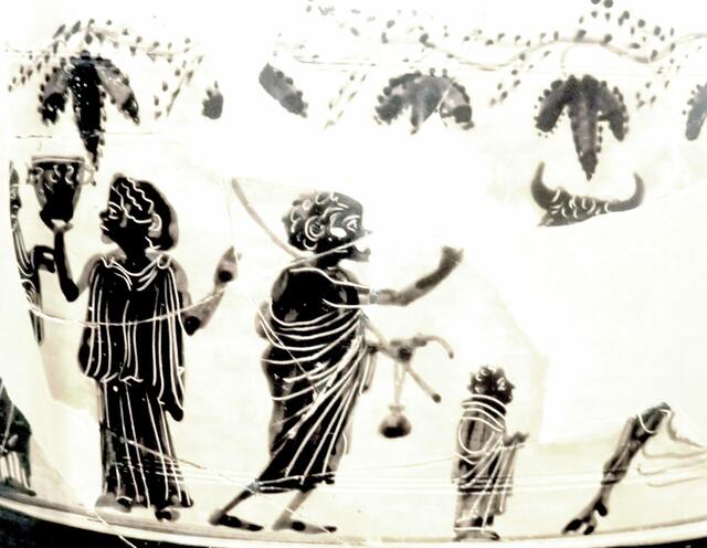 groteskes Maskenspiel auf einer böotischen Vasenmalerei 3. Jhdt.