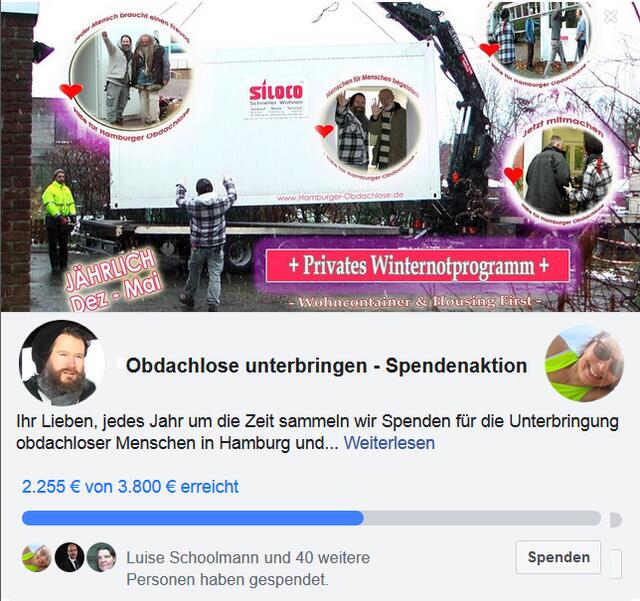 Ganz lieben Dank an alle Spender und Unterstützer der letzten Tage und Wochen, die für die Obdachlosen so fleißig mit gespendet haben. https://www.facebook.com/donate/508117723376858/
Danke auch fürs Teilen und Weitersagen. Ein bisschen müssen wir noch trommeln ...

Paypal geht auch: https://www.paypal.com/cgi-bin/webscr?cmd=_s-xclick&hosted_button_id=6FYZH2UU2MFJL