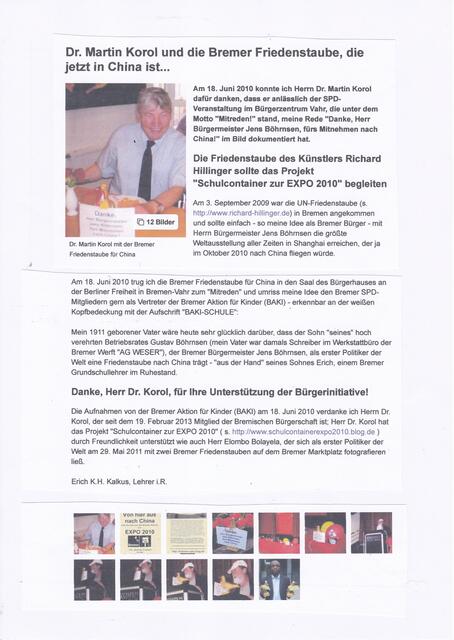Dr. Martin Korol und die Bremer Friedenstaube, die jetzt in China ist... | Foto: myheimat