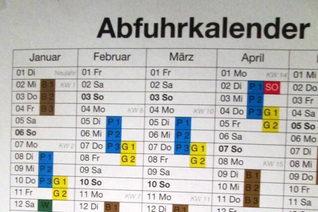 Abfuhrkalender 2019 - Hier werden Papiertonne (P3) und Gelber Sack (G1) am selben Wochentag entsorgt.