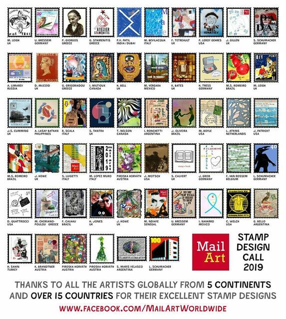Mail Art Stamp Design Call 2019 in England. Ich freue mich mit meiner Arbeit (oben, erste Reihe rechts) dabei zu sein.