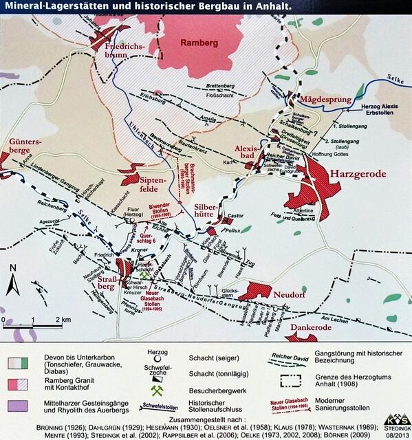 Ausschnitt aus der vorhergehenden  Informationstafel. Hier kann man gut die bergbaulichen Aktivitäten der letzten Jahrhunderte um Silberhütte erkennen