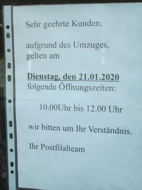 Verkürzte Öffnungszeit am alten Standort für den 21.01.2020.