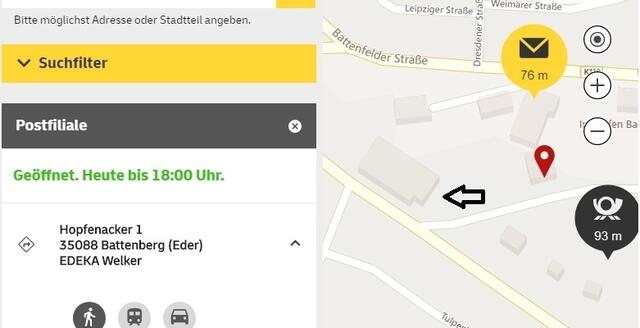 Ungenau ist die Filialsuche auf der Internetseite der Deutschen Post. Der EDEKA-Markt ist hier im Bild mit einem schwarzen Pfeil markiert. Das schwarze Posthorn zeigt einen falschen Ort an.