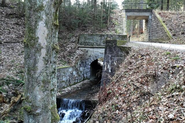 Harzbach Braunes Wasser mit Brücke der Harzquerbahn über die Thumkuhlenstraße