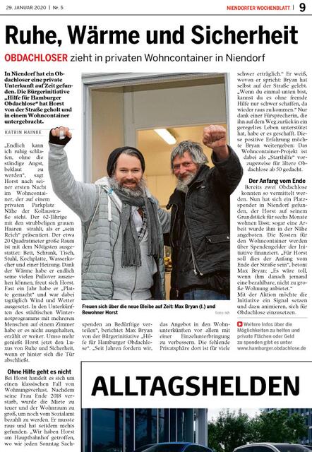 Bericht im Wochenblatt - Obdachloser zieht in privaten Wohncontainer