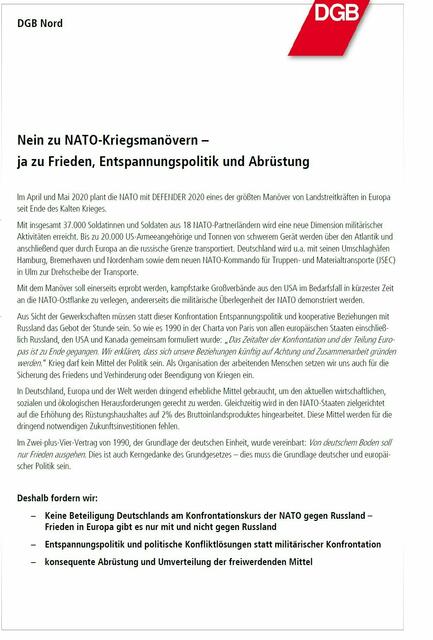 Auch der DGB Nord protestiert gegen das Kriegsmanöver "Defender 2020".