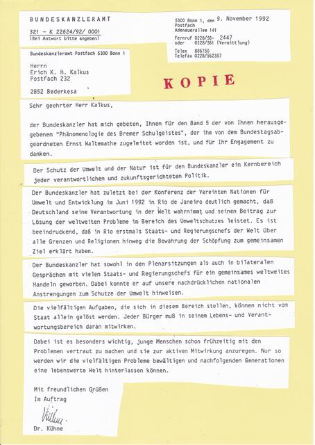 Brief aus dem Bundeskanzleramt vom 9. November 1992 | Foto: BUNDESKANZLERAMT