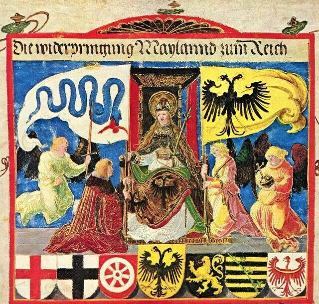 Heiliges Römisches Reich Deutscher Nation > Albrecht Altdorfer: Triumphzug Kaiser Maximilians, Szene: Die Widerpringung von Mayland zum Reich, um 1513–1515: Kaiser Maximilian mit Reichsbanner und Wappen > https://de.wikipedia.org/wiki/Reichsbanner_des_Heiligen_R%C3%B6mischen_Reiches#/media/Datei:Albrecht_Altdorfer_043.jpg | Foto: wie vor