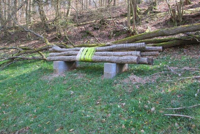 Das Werk von Astrid E. Müller. Der Kunstweg Battenberg verläuft oberhalb am Waldrand.