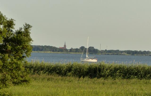 Am anderen Ufer liegt die Stadt Usedom. Wir erkennen es am Turm der St.-Marien-Kirche (Bitte die Lupenfunktion benutzen).