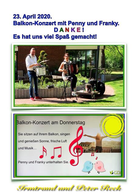 23. April 2020. Balkon-Konzert II. mit Penny und Franky in unserem Park. GDA Hannover Kleefeld.