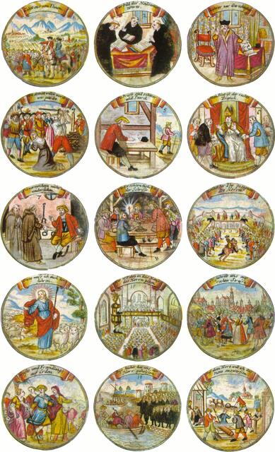 Bildeinlagen einer Schraubmedaille, handkolorierte Kupferstiche von Abraham Remshart (1732) > https://de.wikipedia.org/wiki/Schraubmedaille#/media/Datei:Schraubmedaille.jpg | Foto: wie vor