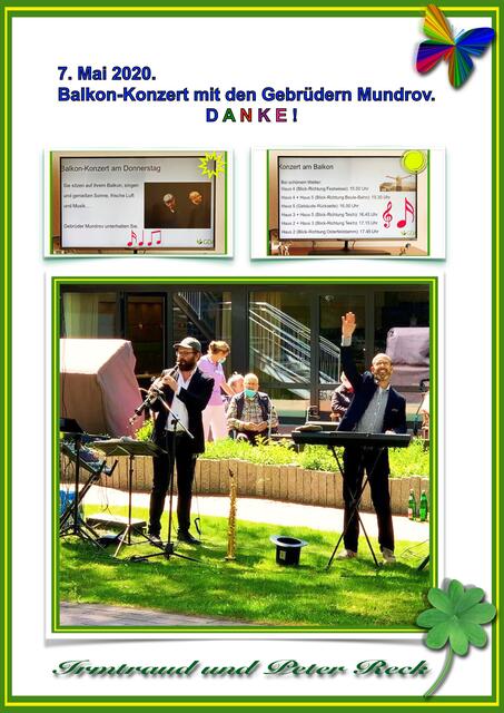 7. Mai 2020. II. Balkon-Konzert  mit den Gebrüdern Mundrov in unserem Park. GDA Hannover Kleefeld.