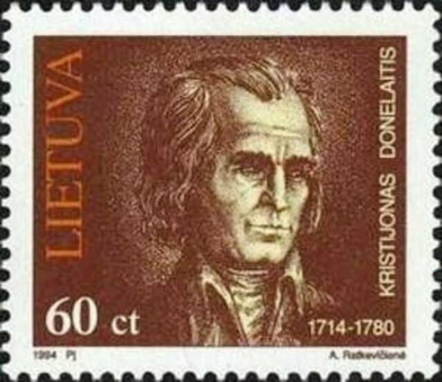 Donelaitis-Briefmarke 1994 > https://upload.wikimedia.org/wikipedia/commons/8/83/Kristijonas_Donelaitis_1994_Lithuanian_stamp.jpg | Foto: wie vor